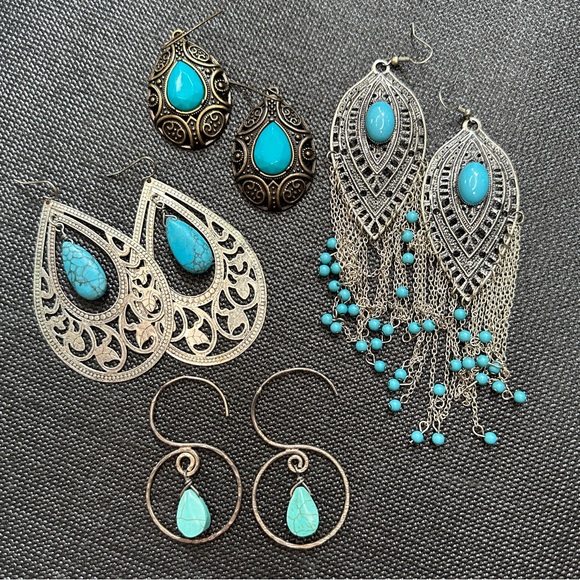 Jewelry - Bundle of 4 Pairs of Inexpensive Fashion Turquoise & Metal Earrings • As Is
